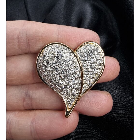Vintage 1990s Swarovski Crystal Double Heart Brooch Gold-Tone Pin - Picture 5 of 6